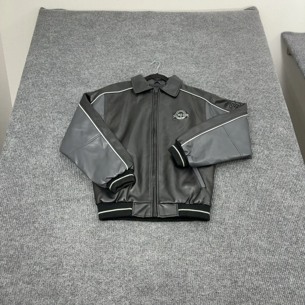 U.S. Polo Assn Jacket Boys L Black Polyurethane Faux Leather Bomber Varsity Moto